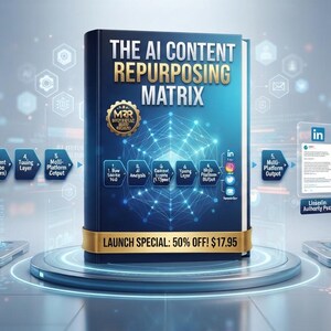 Puede incluir: Un libro azul oscuro titulado THE AI CONTENT REPURPOSING MATRIX con un sello dorado y una banda dorada en la parte inferior. La portada presenta un gr&aacute;fico de red brillante y un diagrama de flujo que muestra un proceso de cinco pasos hacia iconos.