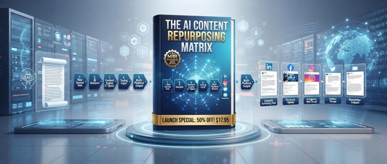 Puede incluir: Un libro azul oscuro titulado THE AI CONTENT REPURPOSING MATRIX con un sello dorado y una banda dorada en la parte inferior. La portada presenta un gr&aacute;fico de red brillante y un diagrama de flujo que muestra un proceso de cinco pasos hacia iconos.
