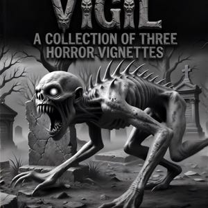 May include: A black and white book cover titled THE CREEPY VIGIL A COLLECTION OF THREE HORROR VIGNETTES BY CREEPY 3D. The cover features a skeletal, hunched creature with glowing eyes and sharp spines in a graveyard with tombstones and trees.