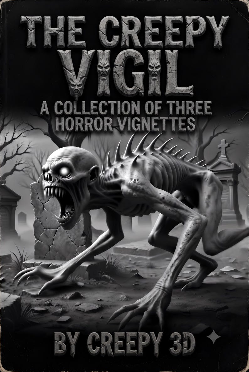 May include: A black and white book cover titled THE CREEPY VIGIL A COLLECTION OF THREE HORROR VIGNETTES BY CREEPY 3D. The cover features a skeletal, hunched creature with glowing eyes and sharp spines in a graveyard with tombstones and trees.