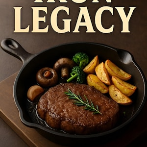 May include: A cast iron skillet with a steak, potatoes, mushrooms, and broccoli. The text "IRON LEGACY THE ESSENTIAL CAST IRON COOKBOOK: TECHNIQUES, CARE, AND OVER 30 RECIPES" is at the bottom of the image.