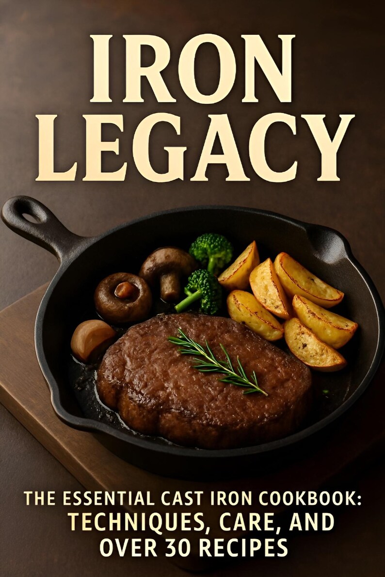May include: A cast iron skillet with a steak, potatoes, mushrooms, and broccoli. The text "IRON LEGACY THE ESSENTIAL CAST IRON COOKBOOK: TECHNIQUES, CARE, AND OVER 30 RECIPES" is at the bottom of the image.