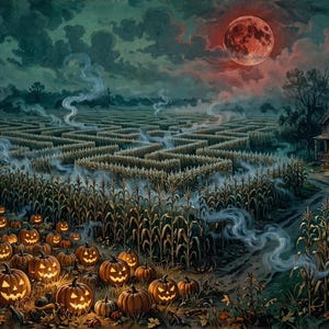 May include: A dark landscape featuring a large corn maze under a glowing red moon. Numerous carved jack-o'-lanterns with illuminated faces sit in the foreground. Wisps of smoke drift across the field toward a house with lit windows.