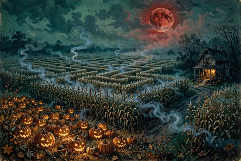 May include: A dark landscape featuring a large corn maze under a glowing red moon. Numerous carved jack-o'-lanterns with illuminated faces sit in the foreground. Wisps of smoke drift across the field toward a house with lit windows.