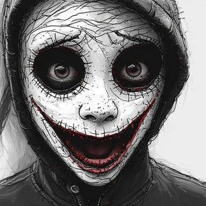 May include: A digital illustration of a person in a black hooded jacket. The face is painted white with black stitched details around the eyes and a wide, red stitched smile. The eyes are brown and appear to be looking directly at the viewer.