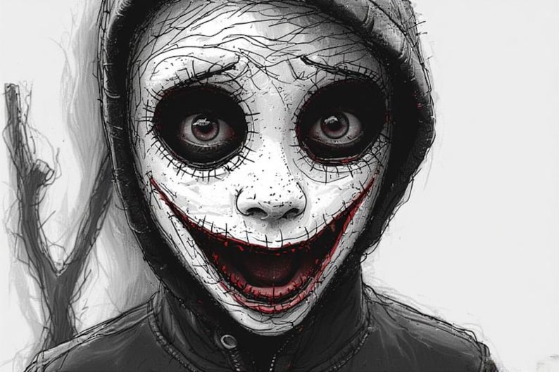 May include: A digital illustration of a person in a black hooded jacket. The face is painted white with black stitched details around the eyes and a wide, red stitched smile. The eyes are brown and appear to be looking directly at the viewer.