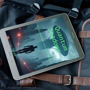 May include: A silver Samsung tablet displaying the cover of "Quantum Shadows" rests on a black and brown backpack. The book cover features a silhouetted figure and a futuristic cityscape with a green UFO. The tablet is positioned near a leather strap.