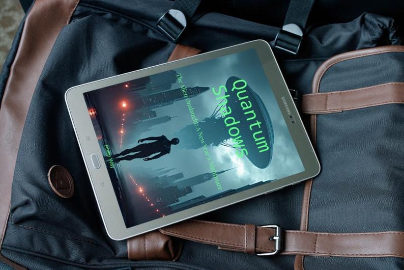 May include: A silver Samsung tablet displaying the cover of "Quantum Shadows" rests on a black and brown backpack. The book cover features a silhouetted figure and a futuristic cityscape with a green UFO. The tablet is positioned near a leather strap.