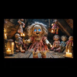 Puede incluir: Una mu&ntilde;eca espeluznante con ojos azules brillantes y un vestido rosa rasgado est&aacute; de pie sobre un suelo de madera. Otras mu&ntilde;ecas y velas encendidas est&aacute;n en el fondo, creando una atm&oacute;sfera espeluznante. La expresi&oacute;n de la mu&ntilde;eca es inquietante.