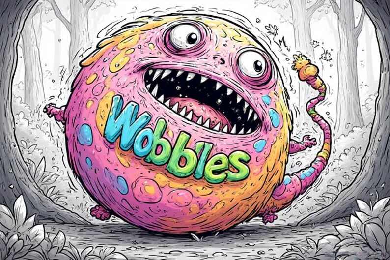 Op de afbeelding: Kleurrijke cartoonillustratie van een rond monster met het woord "Wobbles" over zijn lichaam. Het monster is roze, geel en oranje met scherpe tanden en grote ogen. De achtergrond is een zwart-wit bossc&egrave;ne.