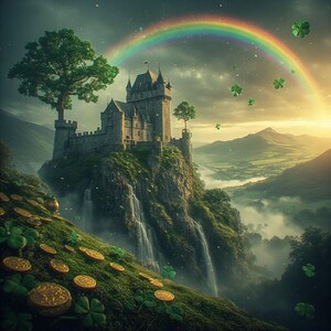 Puede incluir: Ilustraci&oacute;n digital de un castillo en la cima de una monta&ntilde;a, con un arco&iacute;ris sobre &eacute;l. El castillo es de piedra gris, con &aacute;rboles en la monta&ntilde;a y una cascada. Monedas de oro y tr&eacute;boles est&aacute;n esparcidos en la ladera verde.