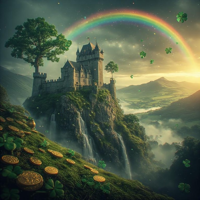 Puede incluir: Ilustraci&oacute;n digital de un castillo en la cima de una monta&ntilde;a, con un arco&iacute;ris sobre &eacute;l. El castillo es de piedra gris, con &aacute;rboles en la monta&ntilde;a y una cascada. Monedas de oro y tr&eacute;boles est&aacute;n esparcidos en la ladera verde.