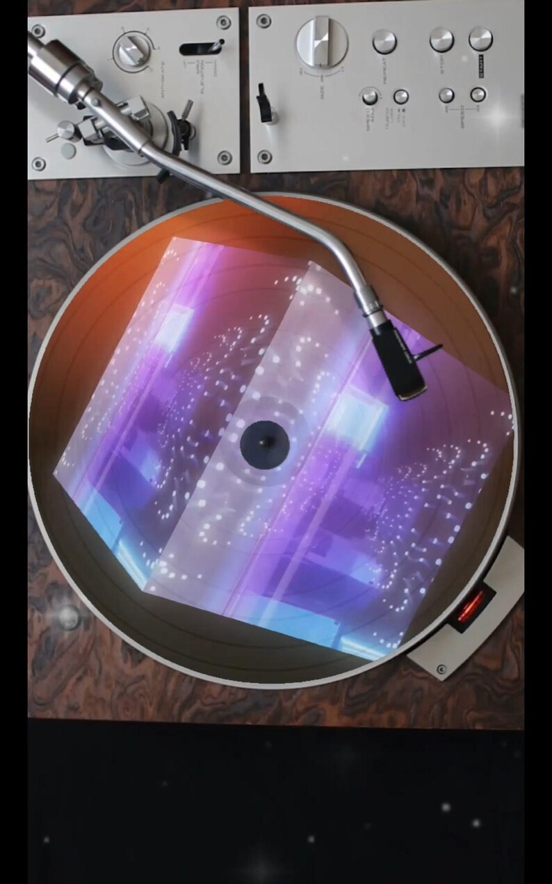 May include: A vintage record player with a turntable and a tonearm. The turntable is playing a record with a holographic cube design that is glowing with purple and blue lights.