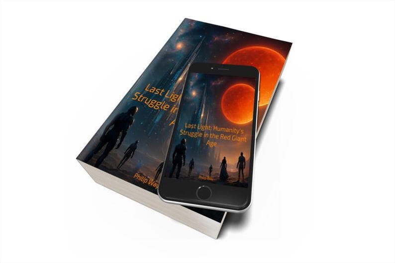 May include: A paperback book and a smartphone displaying the same cover art. The book and phone feature a futuristic space scene with silhouetted figures and the title "Last Light: Struggle in the Red Giant Age."