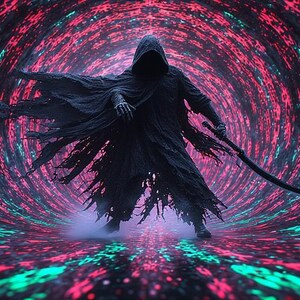 Puede incluir: Una figura oscura con una capa con capucha, sosteniendo una espada curva, se encuentra en un t&uacute;nel arremolinado de luces rojas, verdes y negras. La capa de la figura tiene un dise&ntilde;o rasgado, y la escena tiene un tema de fantas&iacute;a.