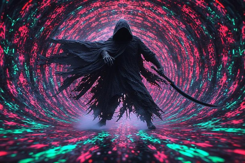 Puede incluir: Una figura oscura con una capa con capucha, sosteniendo una espada curva, se encuentra en un t&uacute;nel arremolinado de luces rojas, verdes y negras. La capa de la figura tiene un dise&ntilde;o rasgado, y la escena tiene un tema de fantas&iacute;a.