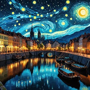Pu&ograve; includere: Un dipinto di una citt&agrave; di notte con un cielo stellato. Il cielo &egrave; dipinto in uno stile vorticoso che ricorda la "Notte stellata" di Vincent van Gogh. La citt&agrave; &egrave; illuminata da lampioni e ci sono barche sull'acqua.