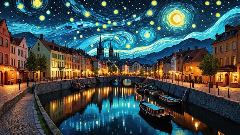 Pu&ograve; includere: Un dipinto di una citt&agrave; di notte con un cielo stellato. Il cielo &egrave; dipinto in uno stile vorticoso che ricorda la "Notte stellata" di Vincent van Gogh. La citt&agrave; &egrave; illuminata da lampioni e ci sono barche sull'acqua.