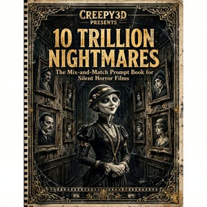 May include: A book cover titled CREEPY3D PRESENTS 10 TRILLION NIGHTMARES The Mix-and-Match Prompt Book for Silent Horror Films. The cover features a central figure in a dark dress and hat surrounded by framed portraits on a wall.