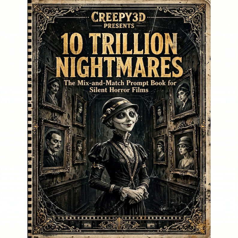 May include: A book cover titled CREEPY3D PRESENTS 10 TRILLION NIGHTMARES The Mix-and-Match Prompt Book for Silent Horror Films. The cover features a central figure in a dark dress and hat surrounded by framed portraits on a wall.