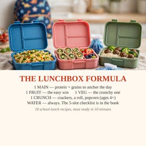 May include: Three rectangular bento-style lunchboxes in blue, pink, and sage green, each with three internal compartments. The blue box holds pasta, the pink box contains tortilla wraps and fruit, and the green box holds meatballs and rice.