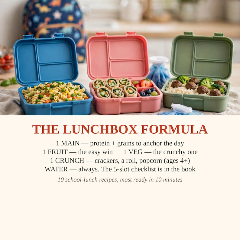 May include: Three rectangular bento-style lunchboxes in blue, pink, and sage green, each with three internal compartments. The blue box holds pasta, the pink box contains tortilla wraps and fruit, and the green box holds meatballs and rice.
