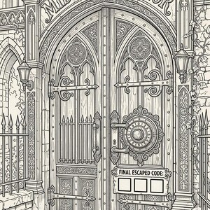 May include: A black and white line art illustration of a grand arched doorway labelled Midnight Manor. The wooden double doors feature intricate carvings, metal hinges, a circular combination lock, and a sign reading FINAL ESCAPED CODE with three empty boxes.