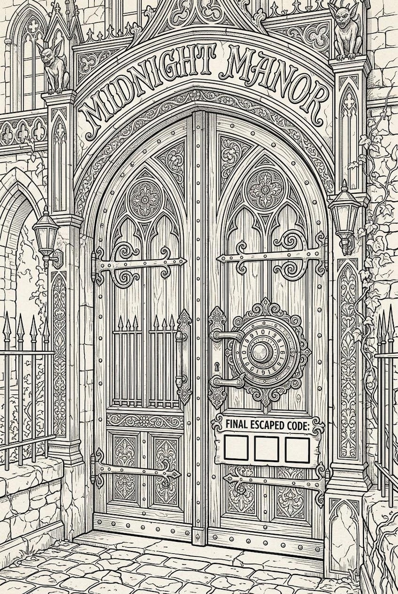 May include: A black and white line art illustration of a grand arched doorway labelled Midnight Manor. The wooden double doors feature intricate carvings, metal hinges, a circular combination lock, and a sign reading FINAL ESCAPED CODE with three empty boxes.