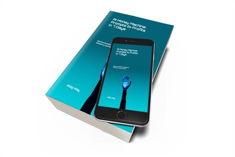 May include: A book and a smartphone with the title "AI Money Machine: Prompts to Profits in 7 Days" are displayed. The book and phone screen feature a blue hand reaching upwards. The author's name, Philip Way, is visible.
