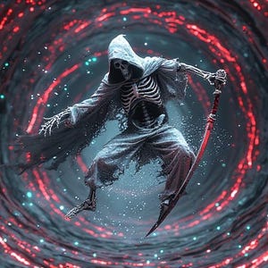 Puede incluir: Ilustraci&oacute;n digital de una figura esquel&eacute;tica con una capa con capucha, sosteniendo una guada&ntilde;a roja. La figura se encuentra sobre un fondo oscuro y arremolinado con acentos brillantes rojos y azules, creando un tema de fantas&iacute;a u horror.