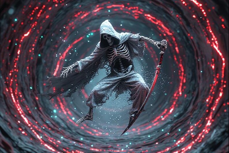 Puede incluir: Ilustraci&oacute;n digital de una figura esquel&eacute;tica con una capa con capucha, sosteniendo una guada&ntilde;a roja. La figura se encuentra sobre un fondo oscuro y arremolinado con acentos brillantes rojos y azules, creando un tema de fantas&iacute;a u horror.