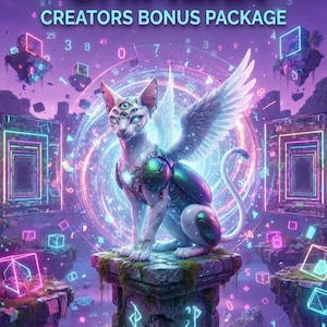 Op de afbeelding: Een digitale illustratie getiteld THE GRAND CHIMERA CREATORS BONUS PACKAGE met een witte gevleugelde kat met meerdere ogen op een stenen voetstuk. De achtergrond toont zwevende eilanden, neon geometrische vormen en cijfers.