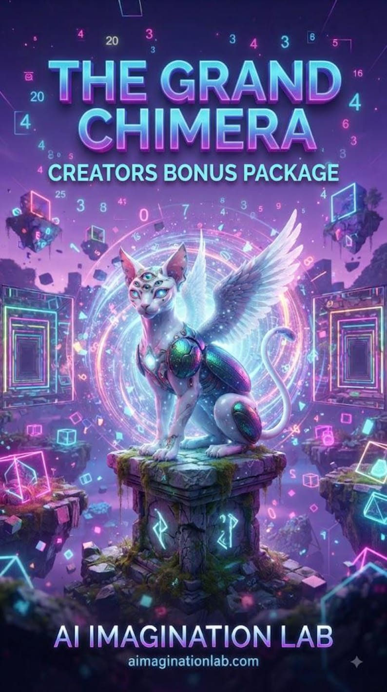 May include: A digital illustration titled THE GRAND CHIMERA CREATORS BONUS PACKAGE featuring a white winged cat with multiple eyes sitting on a stone pedestal. The background displays floating islands, neon geometric shapes, and numbers.