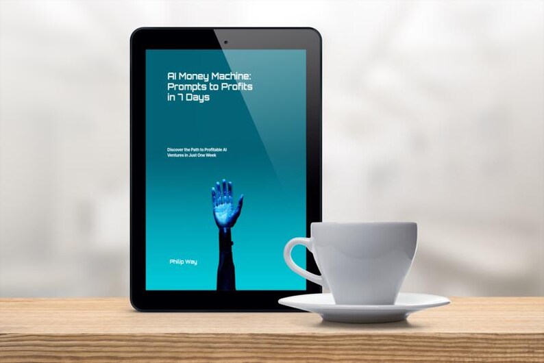 May include: A digital tablet displays the book cover "AI Money Machine: Prompts to Profits in 7 Days". A white teacup and saucer sit on a wooden surface. The book cover features a blue hand.