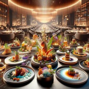 K&ouml;nnte beinhalten: Ein wundersch&ouml;n beleuchteter Speisesaal mit mehreren Tischen, die f&uuml;r eine Mahlzeit gedeckt sind. Jeder Tisch bietet eine Vielzahl kleiner, k&uuml;nstlerisch arrangierter Gerichte mit farbenfrohen Zutaten. Der Raum hat ein warmes, einladendes Ambiente.