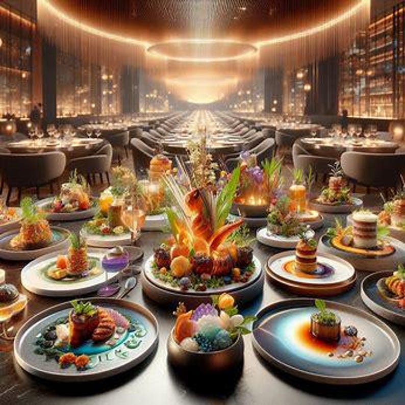 K&ouml;nnte beinhalten: Ein wundersch&ouml;n beleuchteter Speisesaal mit mehreren Tischen, die f&uuml;r eine Mahlzeit gedeckt sind. Jeder Tisch bietet eine Vielzahl kleiner, k&uuml;nstlerisch arrangierter Gerichte mit farbenfrohen Zutaten. Der Raum hat ein warmes, einladendes Ambiente.