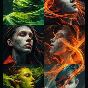 May include: A digital art print featuring six portraits of human faces with colorful, flowing energy effects. The portraits are in a grid, with each face highlighted by green, orange, and blue hues, creating a dynamic and artistic composition.