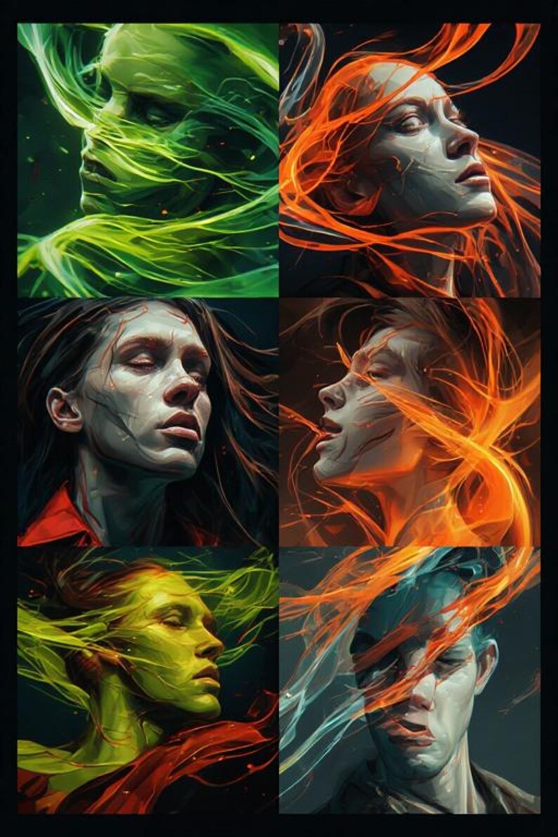 May include: A digital art print featuring six portraits of human faces with colorful, flowing energy effects. The portraits are in a grid, with each face highlighted by green, orange, and blue hues, creating a dynamic and artistic composition.