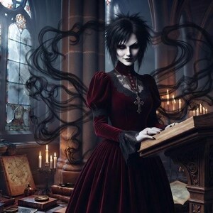 May include: A person with short black hair and pale skin wears a long-sleeved, deep red velvet dress with a high collar and a silver cross necklace. They stand behind a wooden lectern with an open book, surrounded by black wisps of smoke.