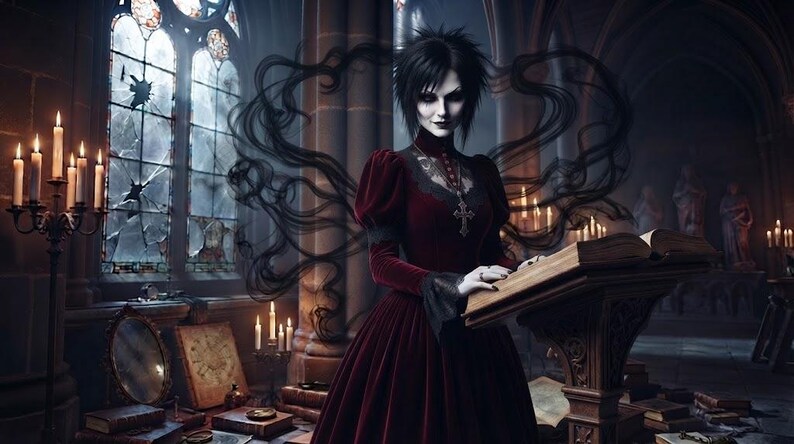 May include: A person with short black hair and pale skin wears a long-sleeved, deep red velvet dress with a high collar and a silver cross necklace. They stand behind a wooden lectern with an open book, surrounded by black wisps of smoke.