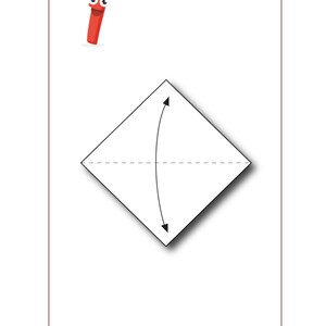 May include: A white square with a black outline is folded in half diagonally.  The top half of the square is folded down to meet the bottom half.  Two black arrows indicate the direction to fold the paper.