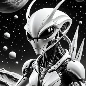 Pu&ograve; includere: Illustrazione digitale dettagliata di una figura aliena futuristica. L'alieno &egrave; prevalentemente bianco con dettagli neri, su uno sfondo spaziale stellato in bianco e nero. L'alieno ha grandi occhi scuri e un design elegante e meccanico.