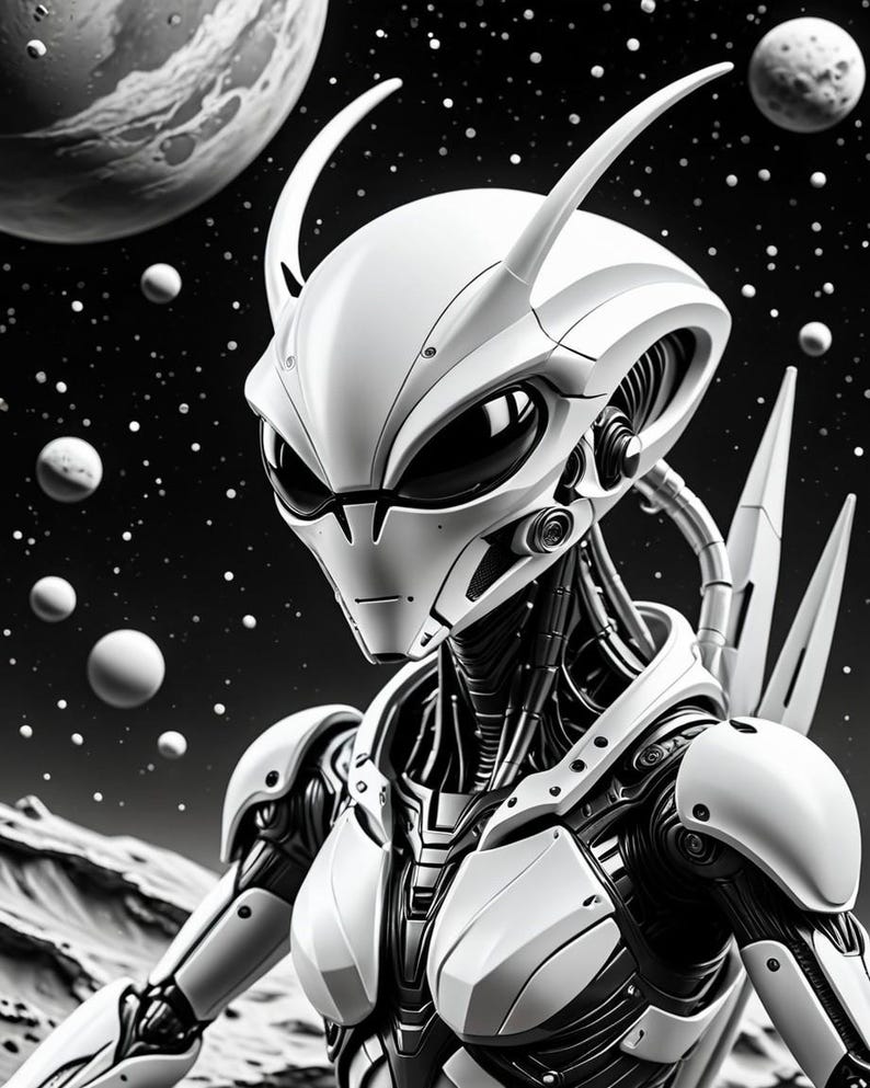Pu&ograve; includere: Illustrazione digitale dettagliata di una figura aliena futuristica. L'alieno &egrave; prevalentemente bianco con dettagli neri, su uno sfondo spaziale stellato in bianco e nero. L'alieno ha grandi occhi scuri e un design elegante e meccanico.