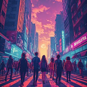 May include: Illustration of a city street scene at sunset. People are walking on a crosswalk between tall buildings. The sky is a gradient of pink and purple, with a full moon visible.
