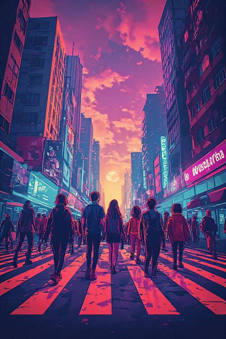 May include: Illustration of a city street scene at sunset. People are walking on a crosswalk between tall buildings. The sky is a gradient of pink and purple, with a full moon visible.