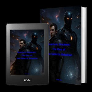 May include: A Kindle e-reader and a hardcover book are displayed. Both feature the same sci-fi cover art with a dark-clad figure, a man, and the title "Quantum Shadows: The Rise of the Galactic Rebellion" in blue text against a space background.