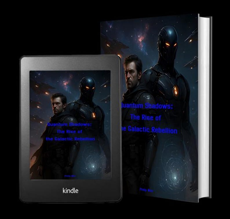 May include: A Kindle e-reader and a hardcover book are displayed. Both feature the same sci-fi cover art with a dark-clad figure, a man, and the title "Quantum Shadows: The Rise of the Galactic Rebellion" in blue text against a space background.