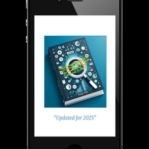 Puede incluir: Un smartphone muestra la portada de un libro con un gr&aacute;fico de lupa. El libro es azul oscuro con iconos blancos y azul claro y el texto "Updated for 2025". El tel&eacute;fono es negro con una pantalla brillante.