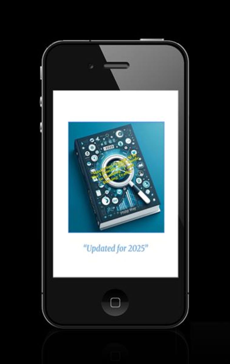 Puede incluir: Un smartphone muestra la portada de un libro con un gr&aacute;fico de lupa. El libro es azul oscuro con iconos blancos y azul claro y el texto "Updated for 2025". El tel&eacute;fono es negro con una pantalla brillante.