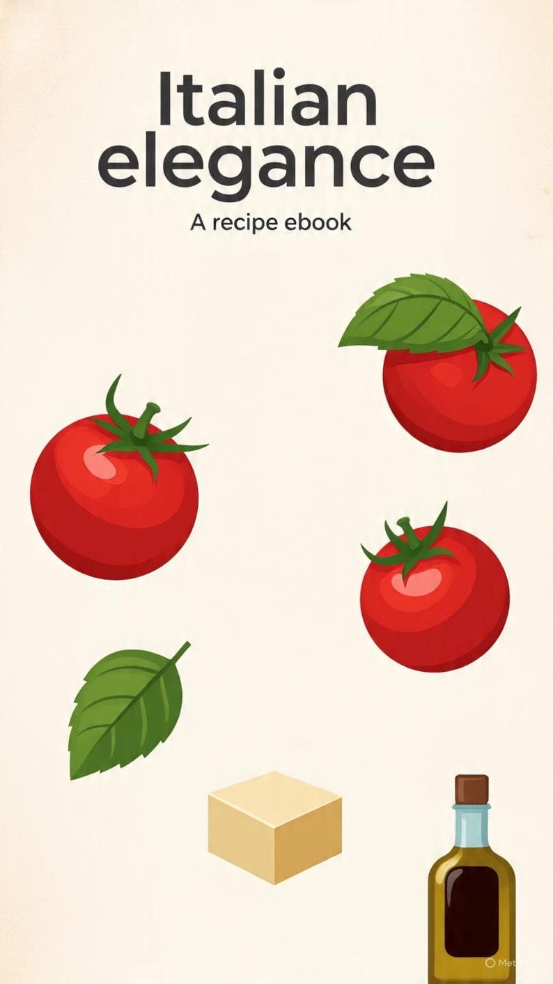 May include: A digital cover for a recipe ebook titled Italian elegance. The design features two bright red tomatoes with green stems, one tomato topped with a green basil leaf, a single green basil leaf, a beige cube, and a bottle of olive oil.